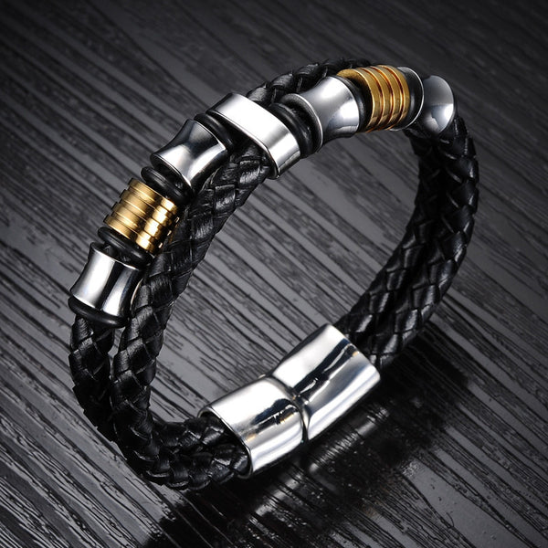 Men's Classic Double Layer Handmade Leather Chain Weaved Bracelet With Magnet Clasp