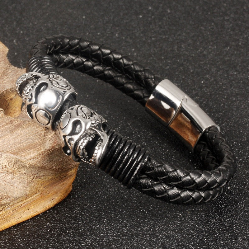 Men's Bracelet Stainless Steel Black Leather Double Skull Bracelet