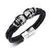 Men's Bracelet Stainless Steel Black Leather Double Skull Bracelet