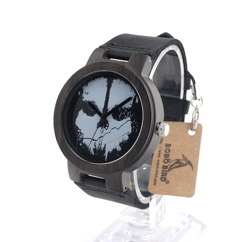 Ebony Black Wood Men's Watch With Skeleton Logo Quartz Watch